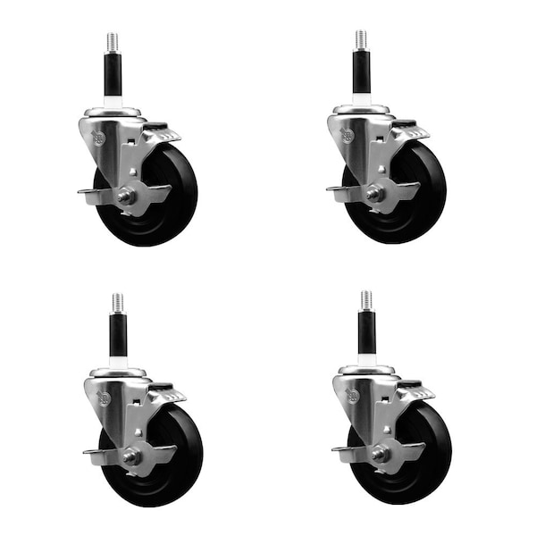 4'' Soft Rubber Swivel 7/8'' Expanding Stem Caster Set with Brake, 4PK